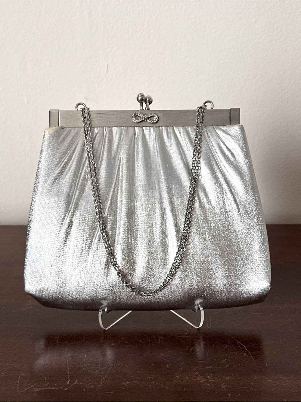 Vintage Harry Levine Silver Lame Metallic Bag Clutch w Coin Purse 1950s